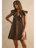 Ruffled Collar Woven Dress - BROWN