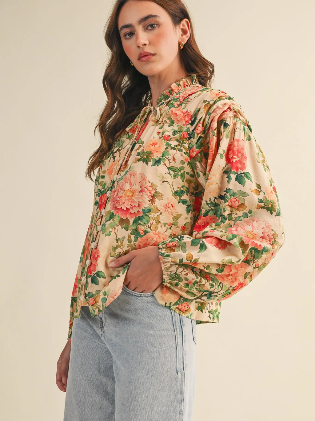 Floral Ruched Button Down Blouse - PEACH