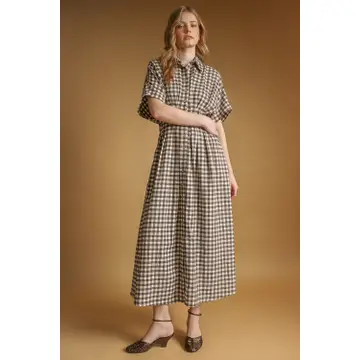 Gingham Pattern Button Down Shirt Dress - Brown/Cream