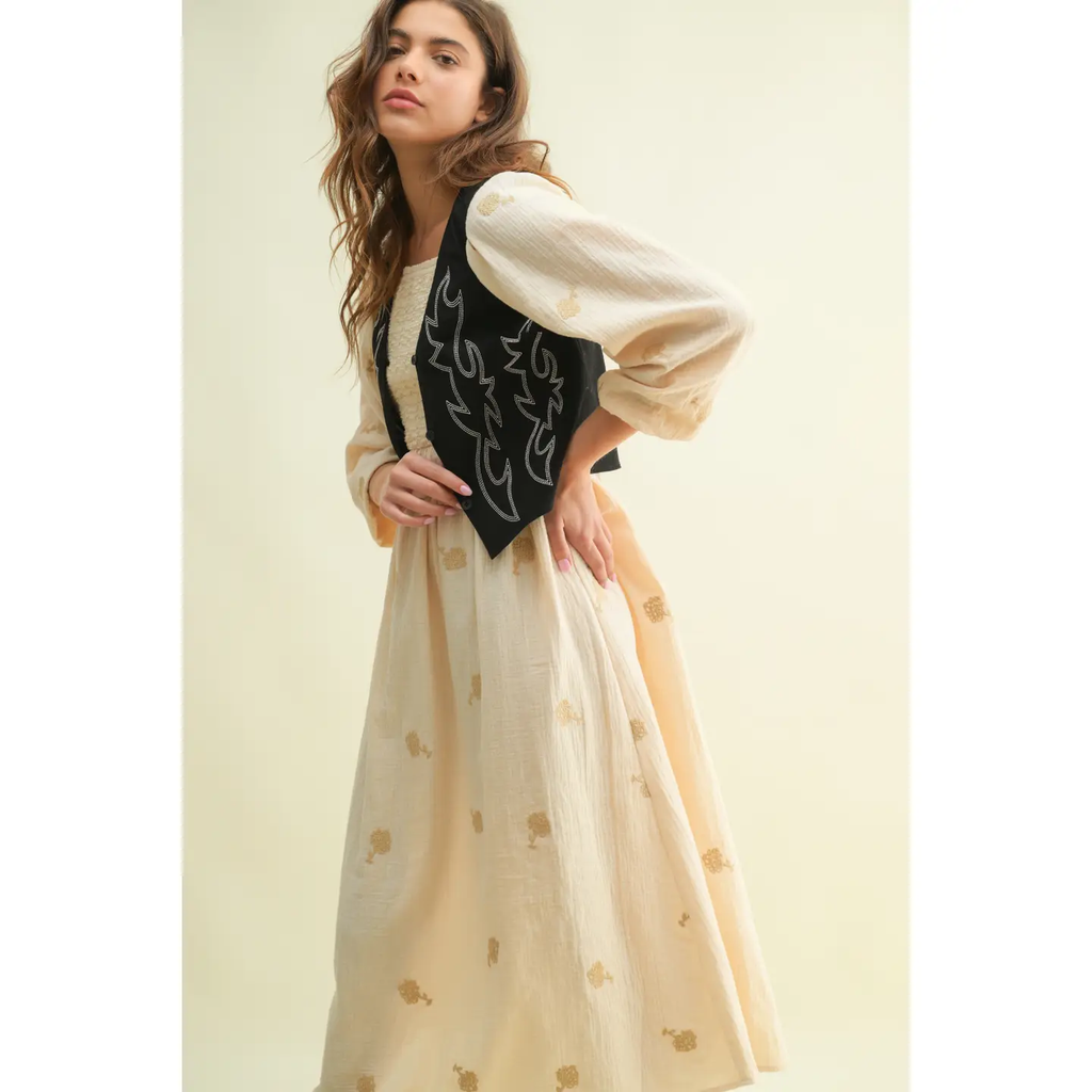Denim Embroidery Design On Front Crop Vest - Black