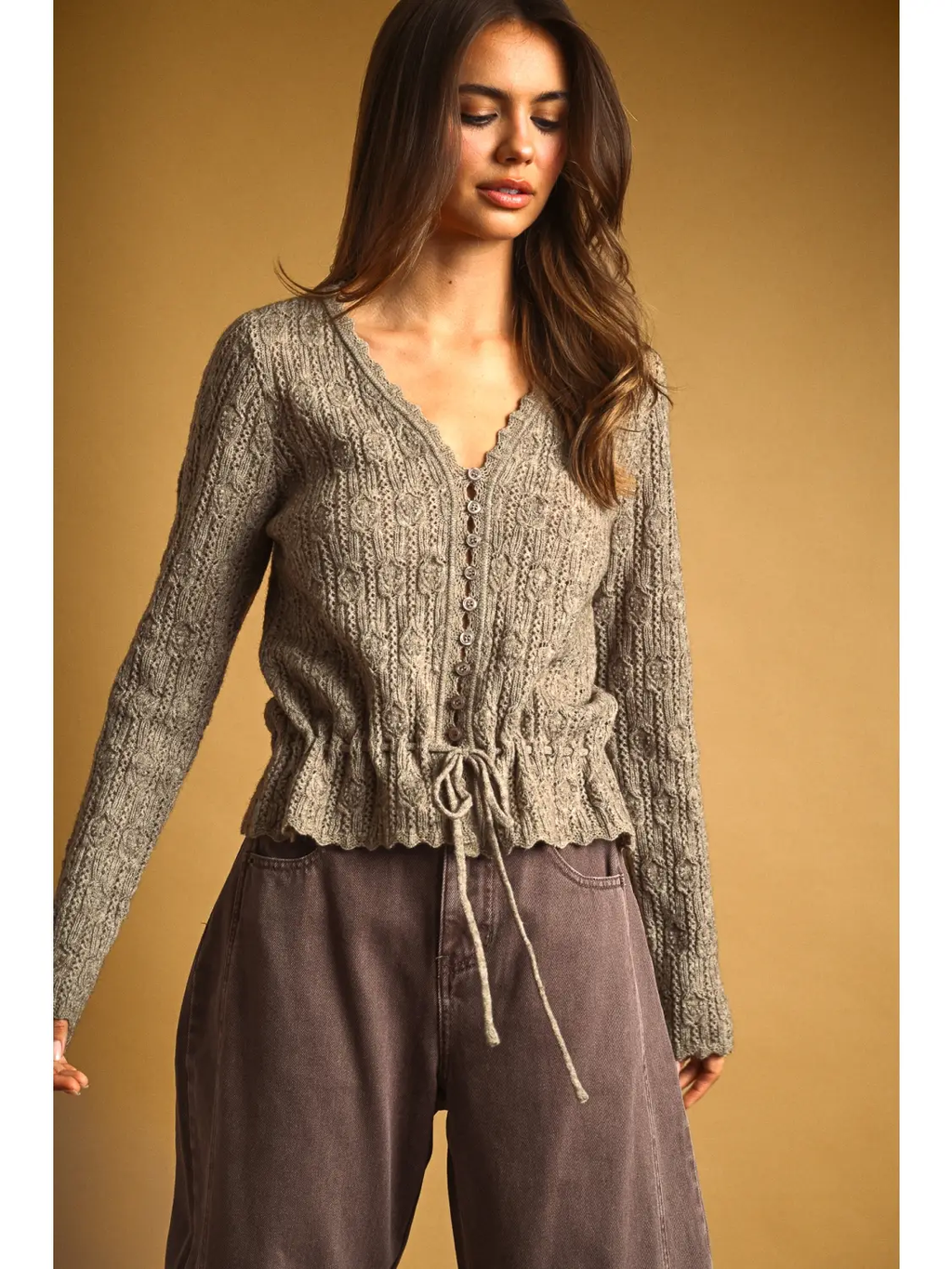 Lace Knit with Drawsting On Waist Knit Cardigan - WARM SAND