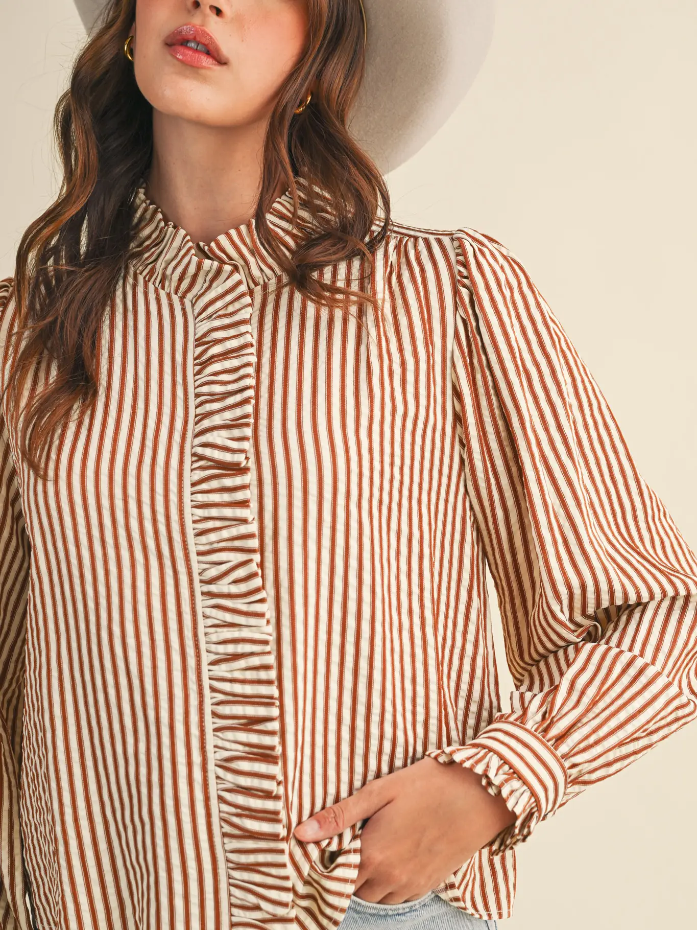 Striped Ruffled Button Down Long Sleeve Top - PECAN STRIPE