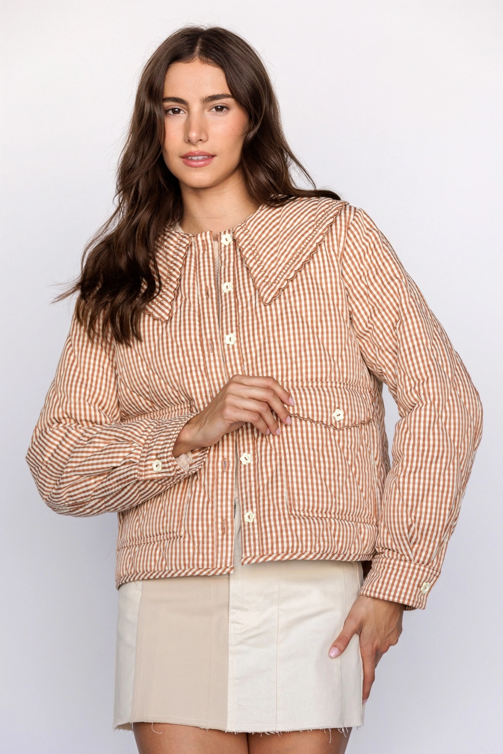 GINGHAM Quilted Jacket - Rust/Cream