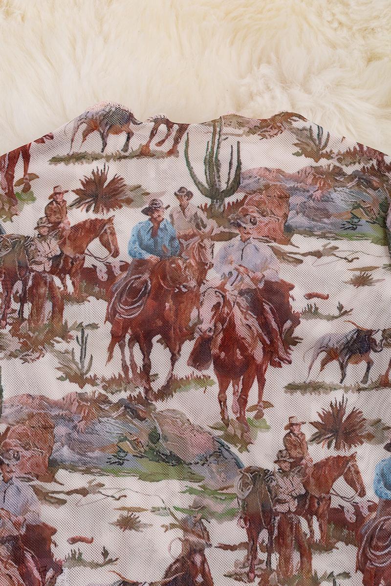 Wild West Rodeo Printed Mesh Long Sleeve Top