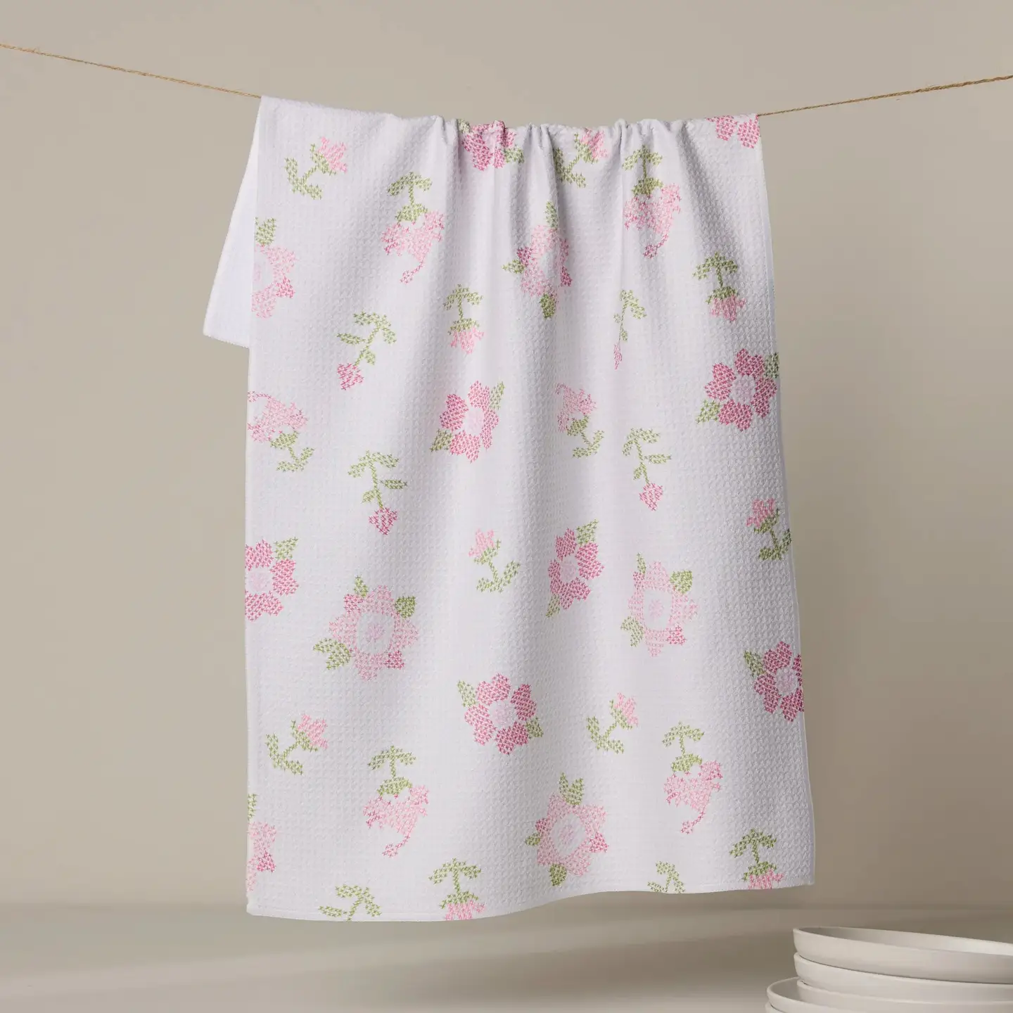 Cross Stitch Floral Tea Towel