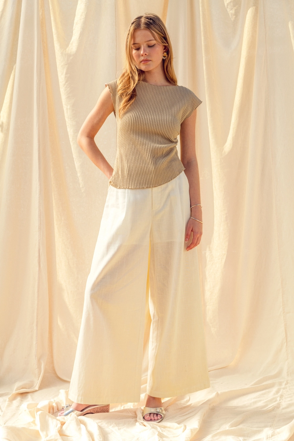Crinkled Fabric Cap Sleeve Top with Shirring  - Stone