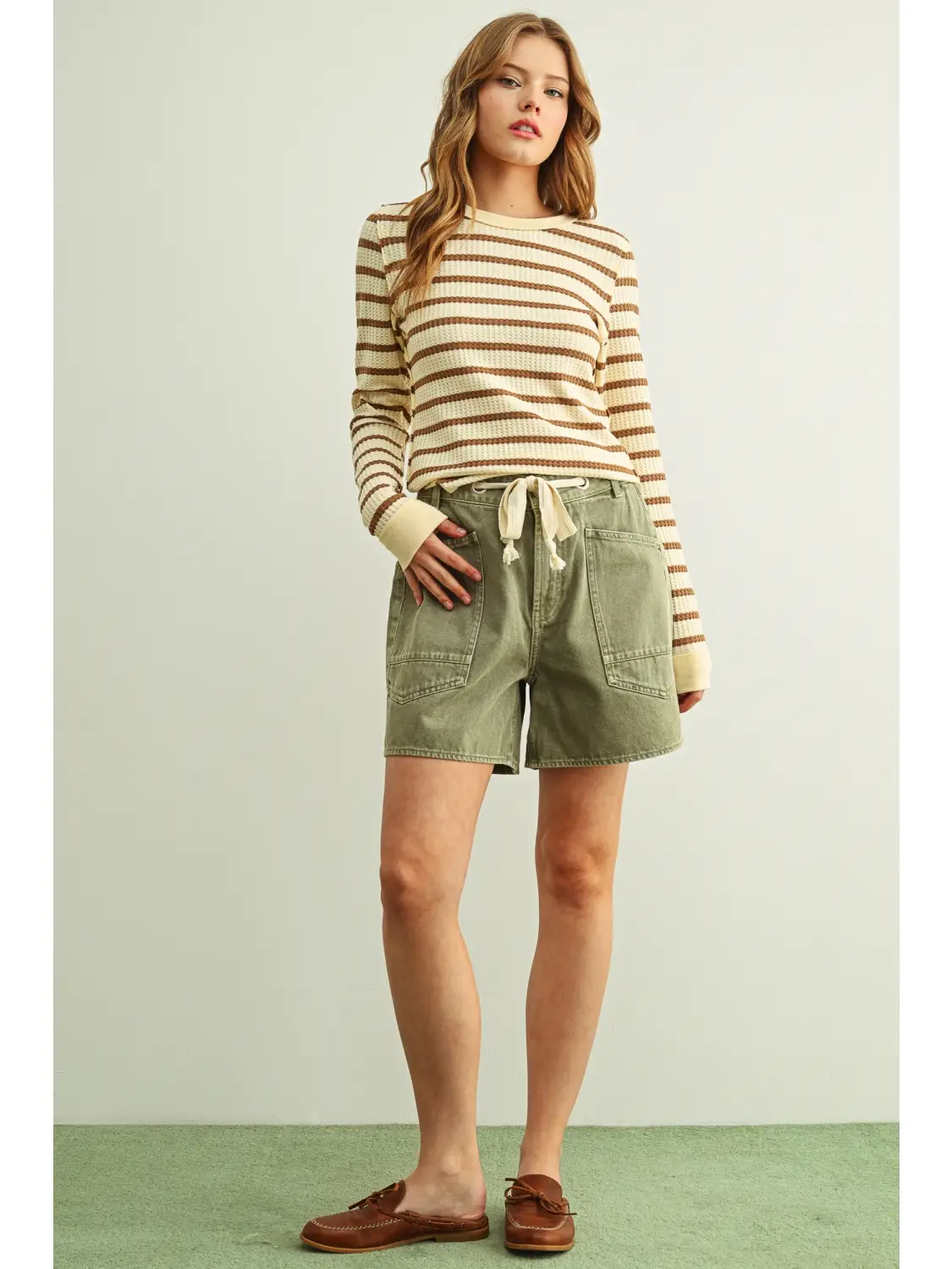 Washed Pocket Front with Tie Belt Shorts - OLIVE