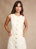 Stitch Detail Sleeveless Button Down Dress - CREME