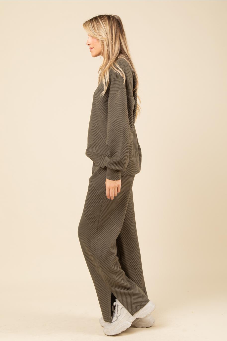 Quilted Double Knit Loungewear Top & Pants Set - Olive