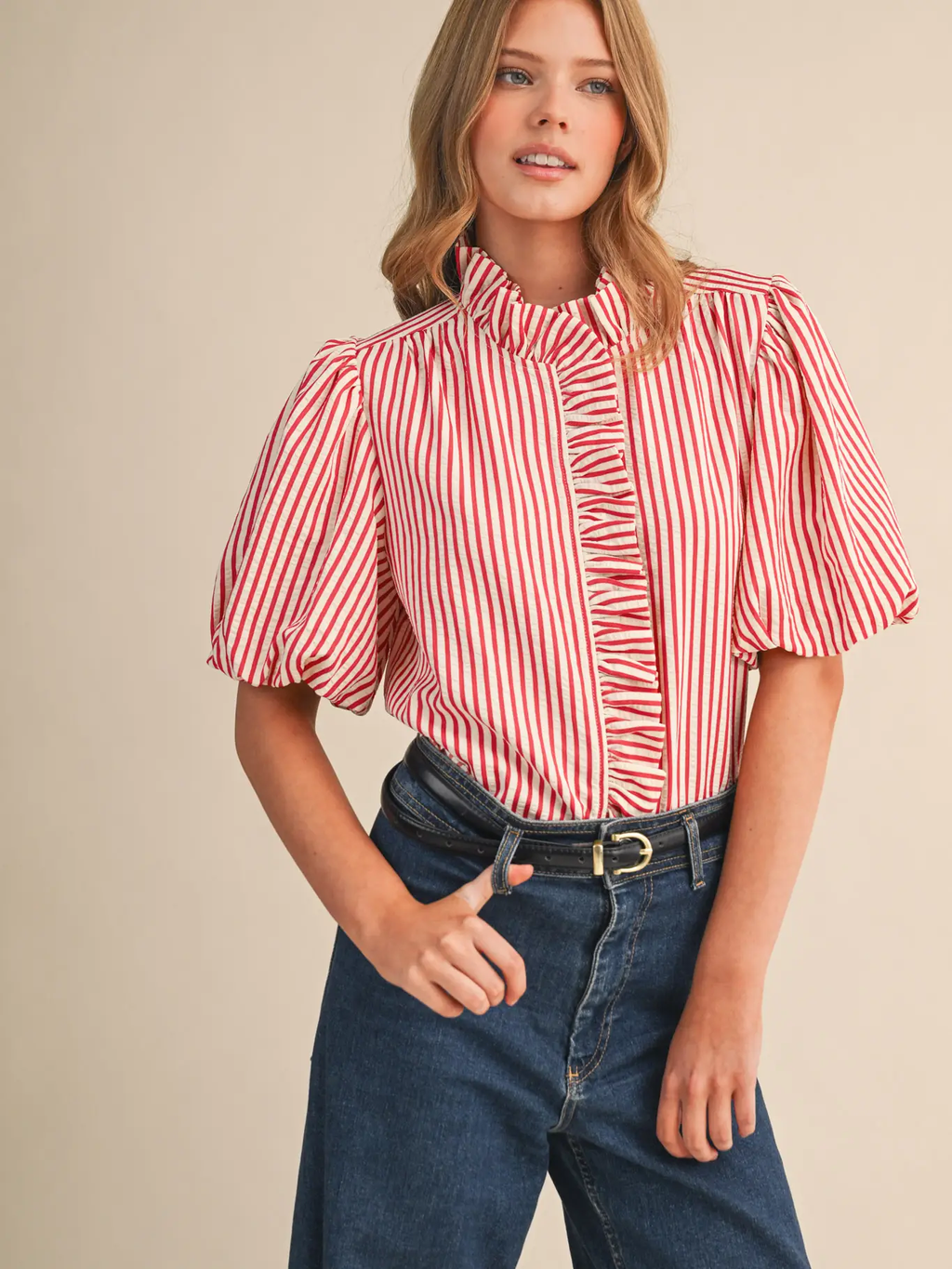 Striped Ruffled Button Down Top - BERRY RED
