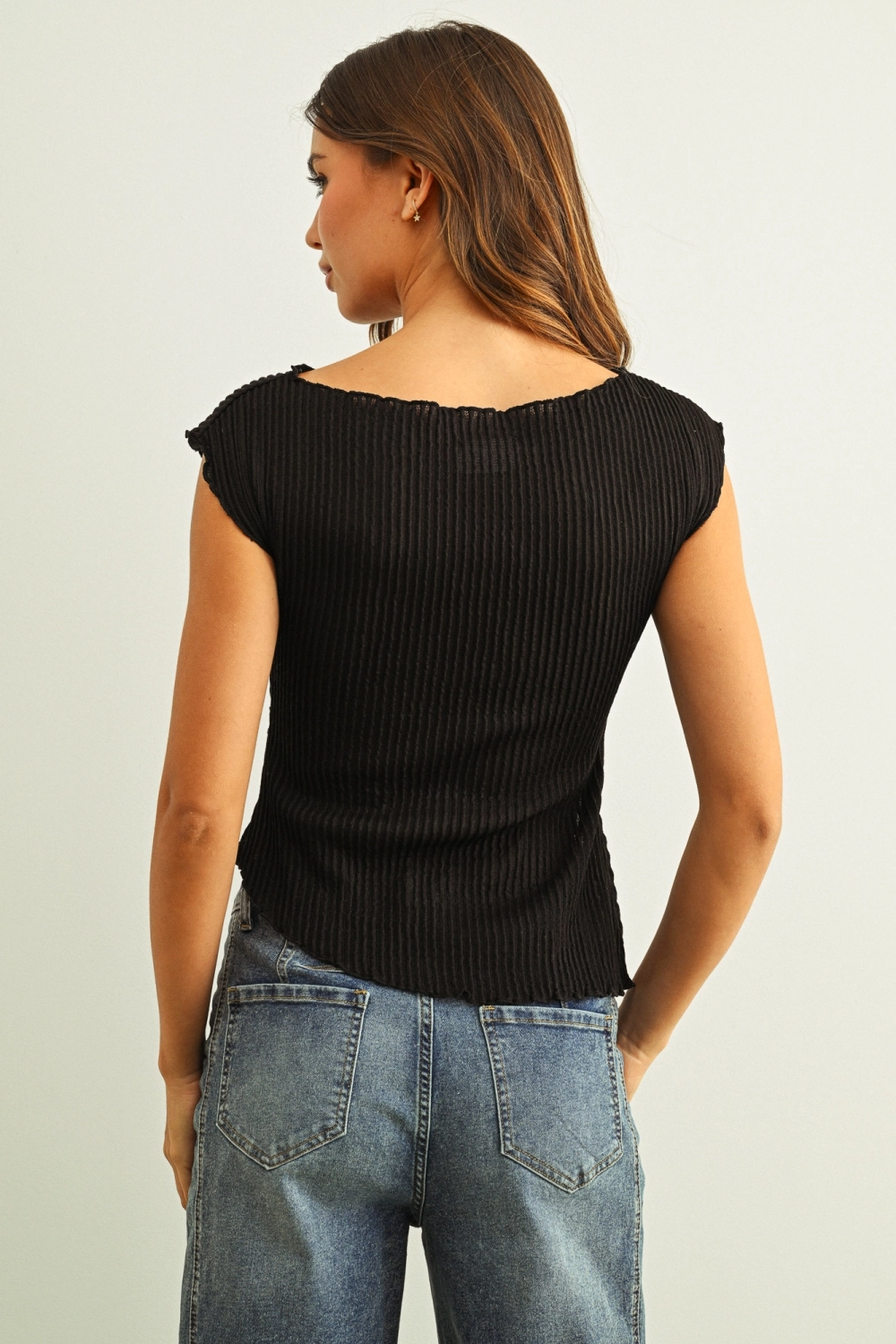 Crinkled Fabric Cap Sleeve Top with Shirring Detail