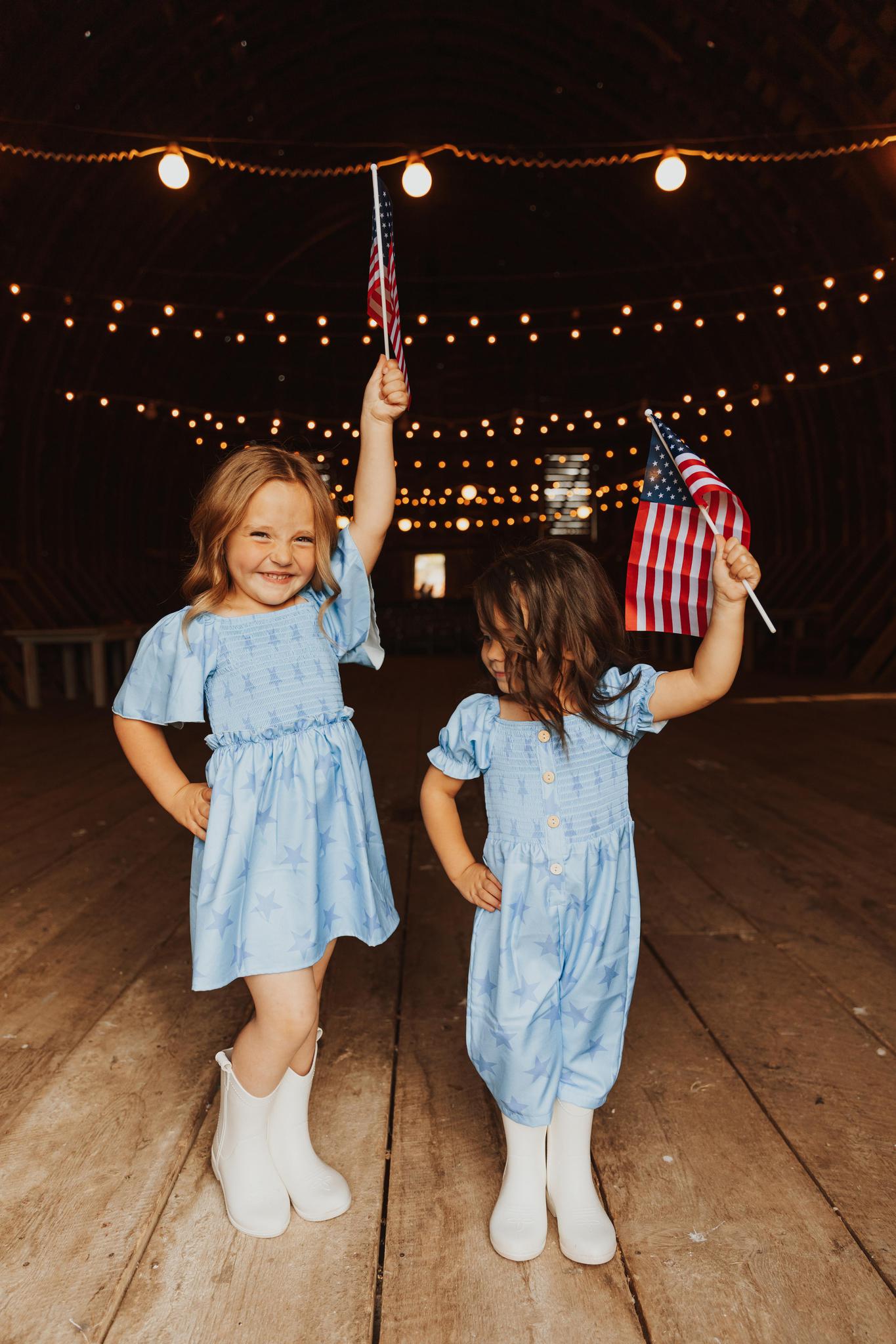 BLUE STAR SMOCKED RUFFLE GIRL DRESS