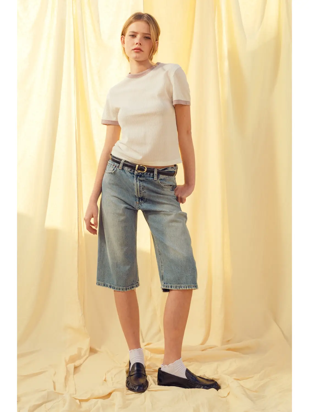 Color Combo Waffle Fabric Top - WHITE/LILAC