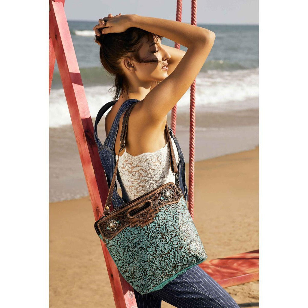 Myra Blue Blossoms Hand-Tooled Bag - S-3363