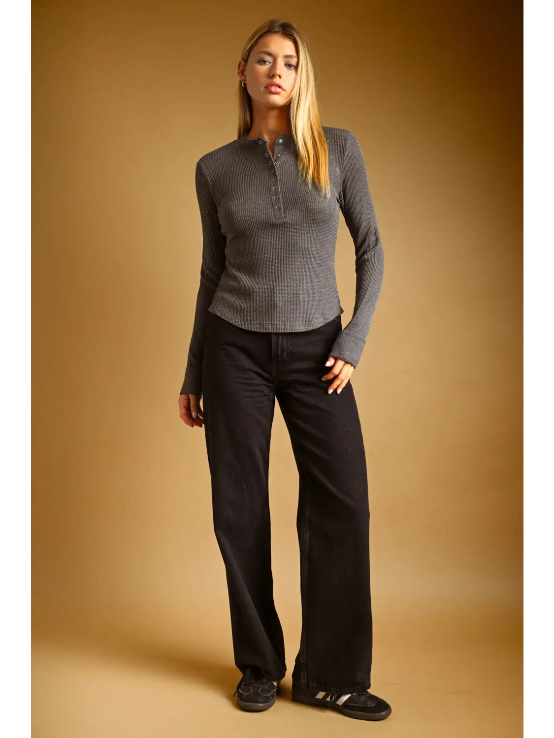 Half Snap Button Waffle Fabric Long Sleeve Top - CHARCOAL