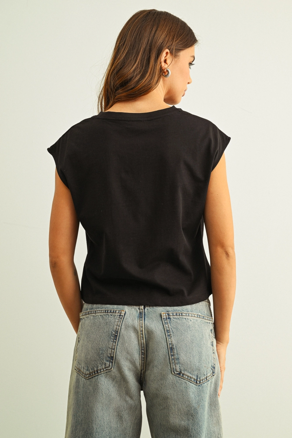 Round Neck Waist Detailed Cap Sleeve Top - Black