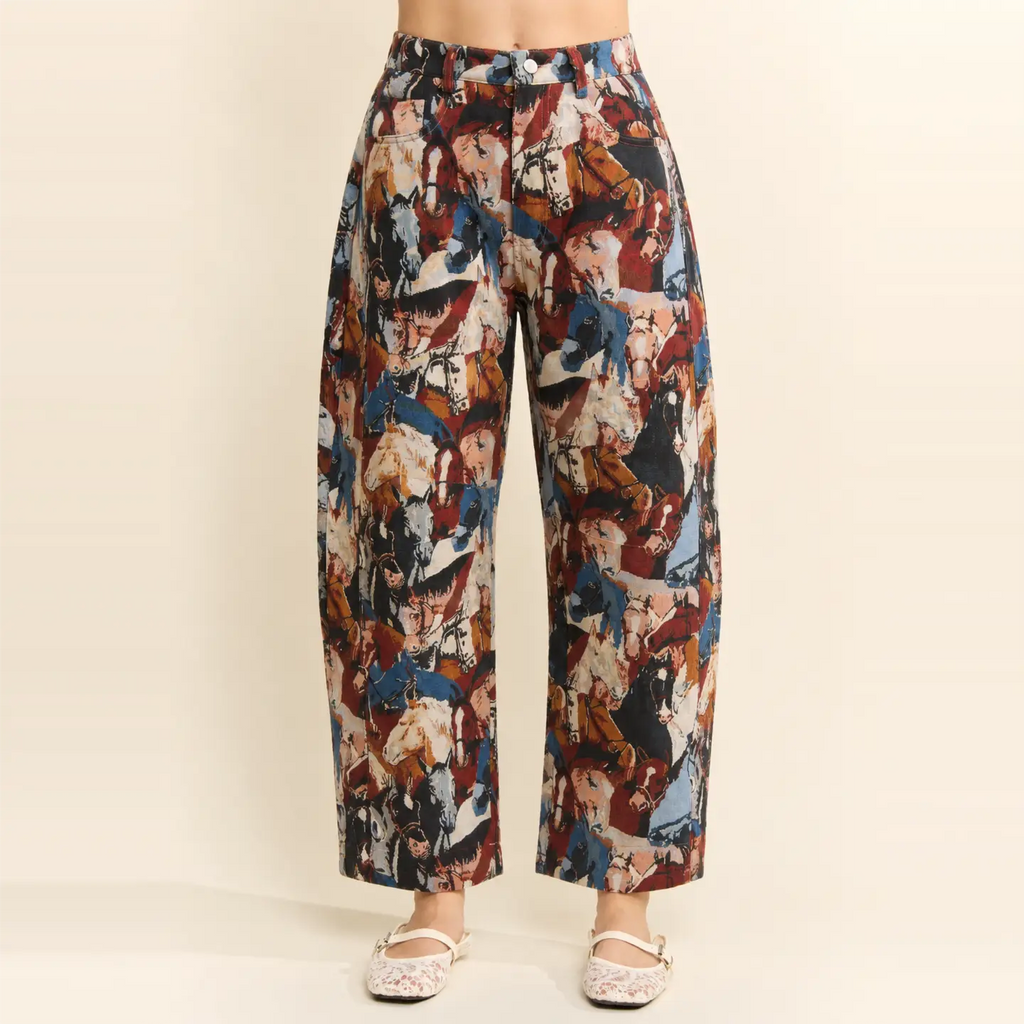 Horse Tapestry Print Barrel-Leg Pants