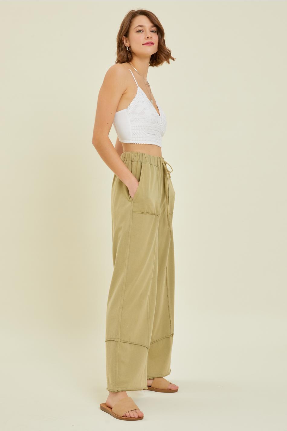 MINERAL-WASHED KNIT WIDE-LEG PANTS - SAGE