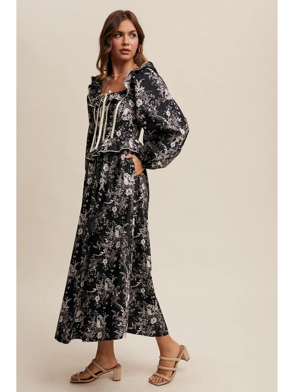 Floral Corset Ruffle Midi Dress - BLACK