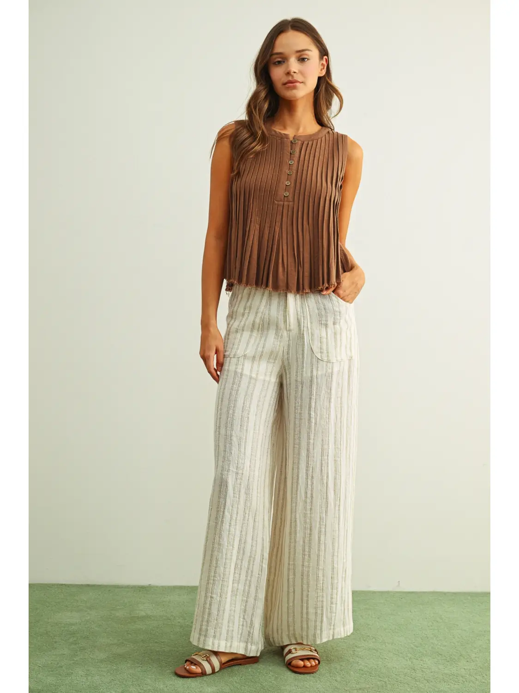 All Pleated Button Front Sleeveless Top