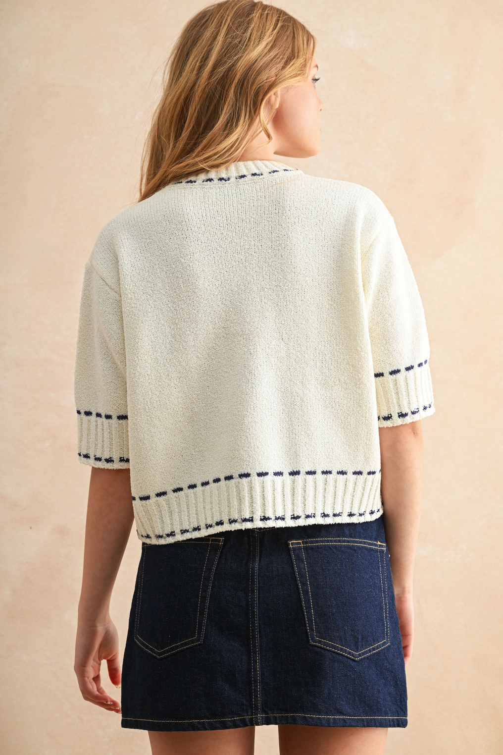 Stitch Effect Detail Short Sleeve Top - Navy