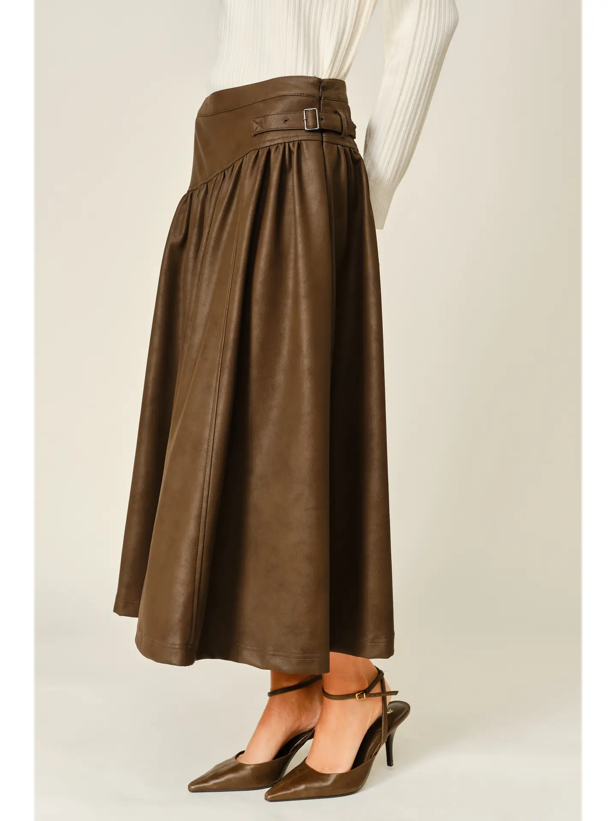 Classic Vegan Leather Belted Midi Skirt