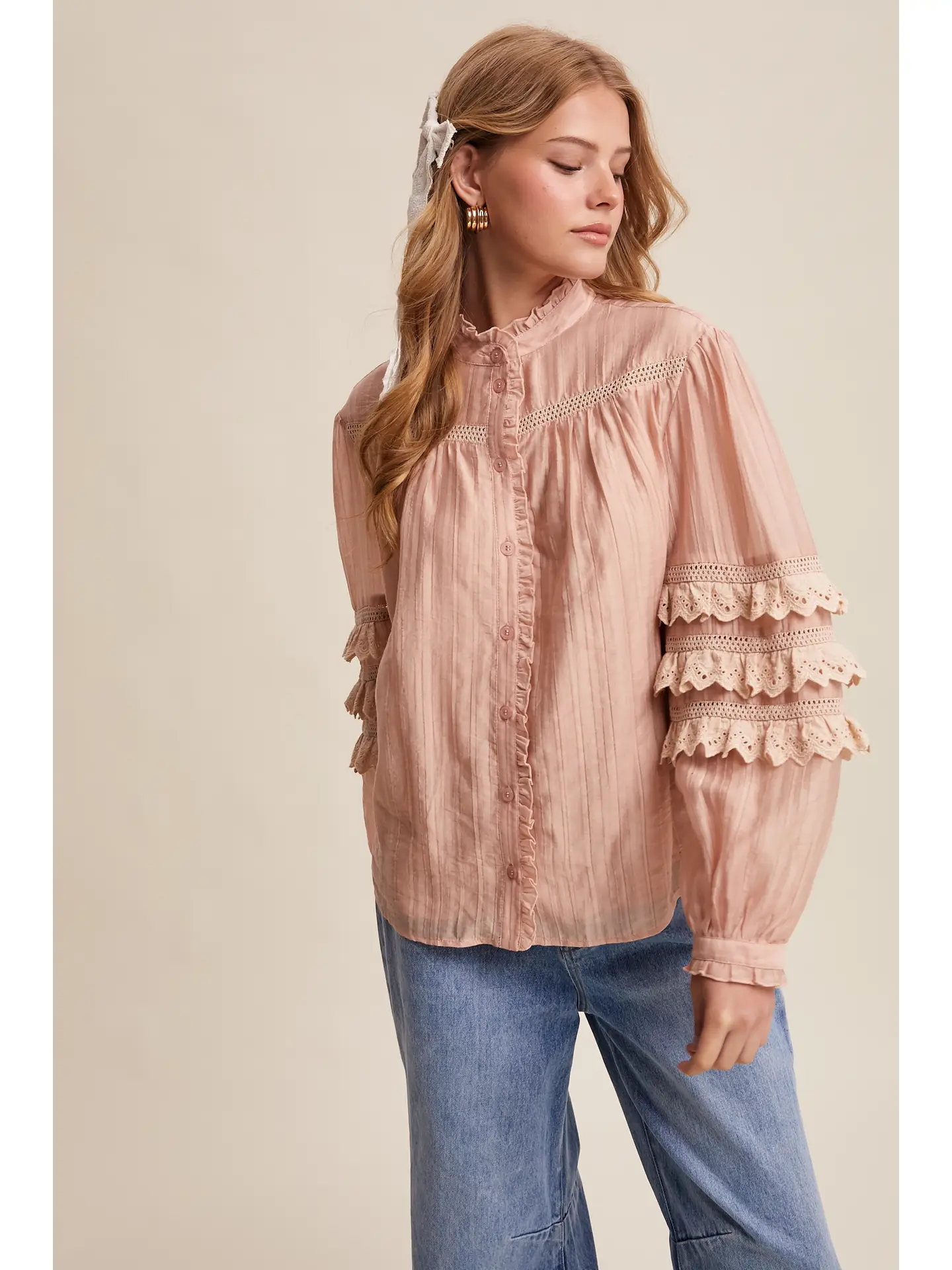 Lace Ruffle Sleeve Pintuck Blouse - BLUSH