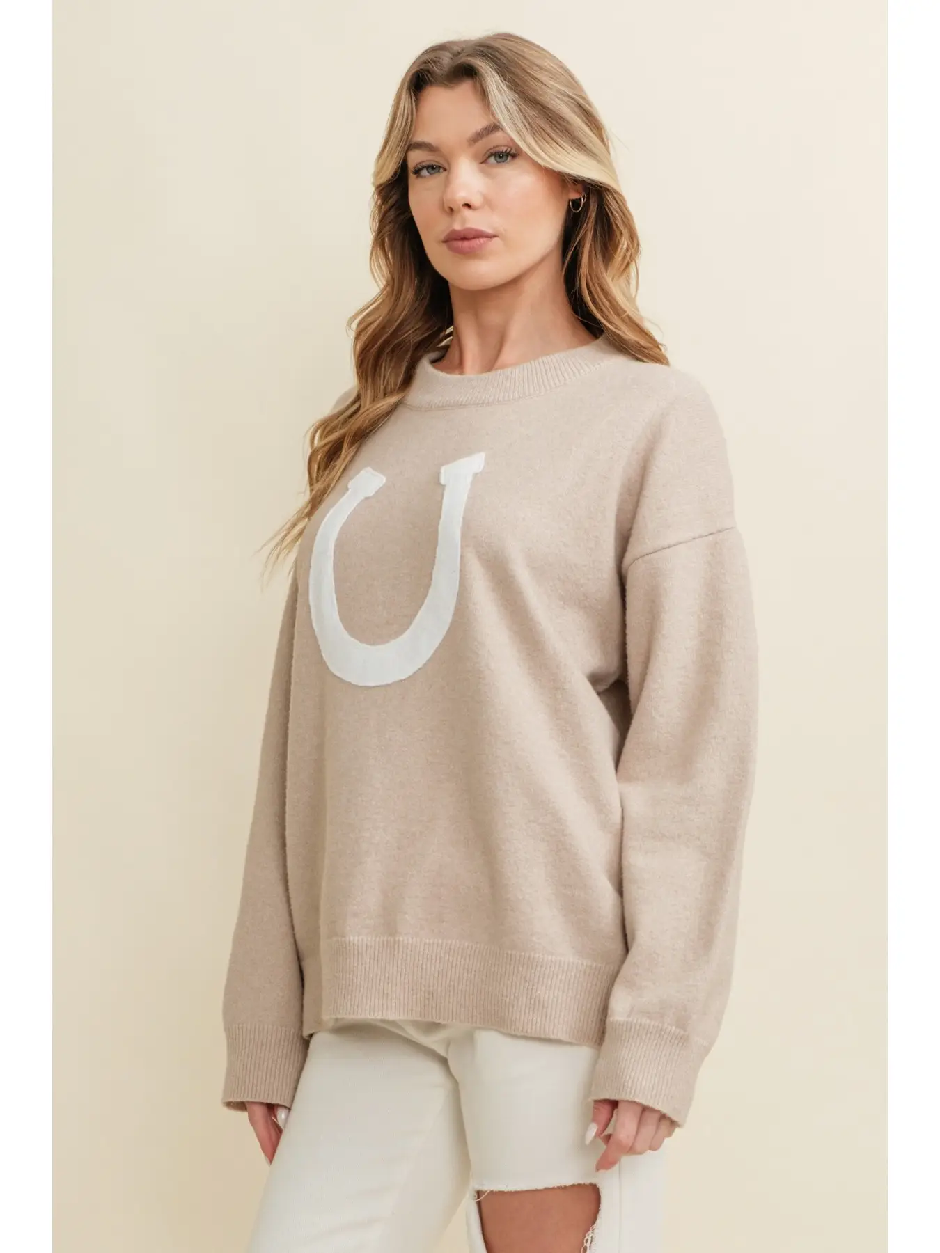 Horse Shoe Pullover Sweater - Beige