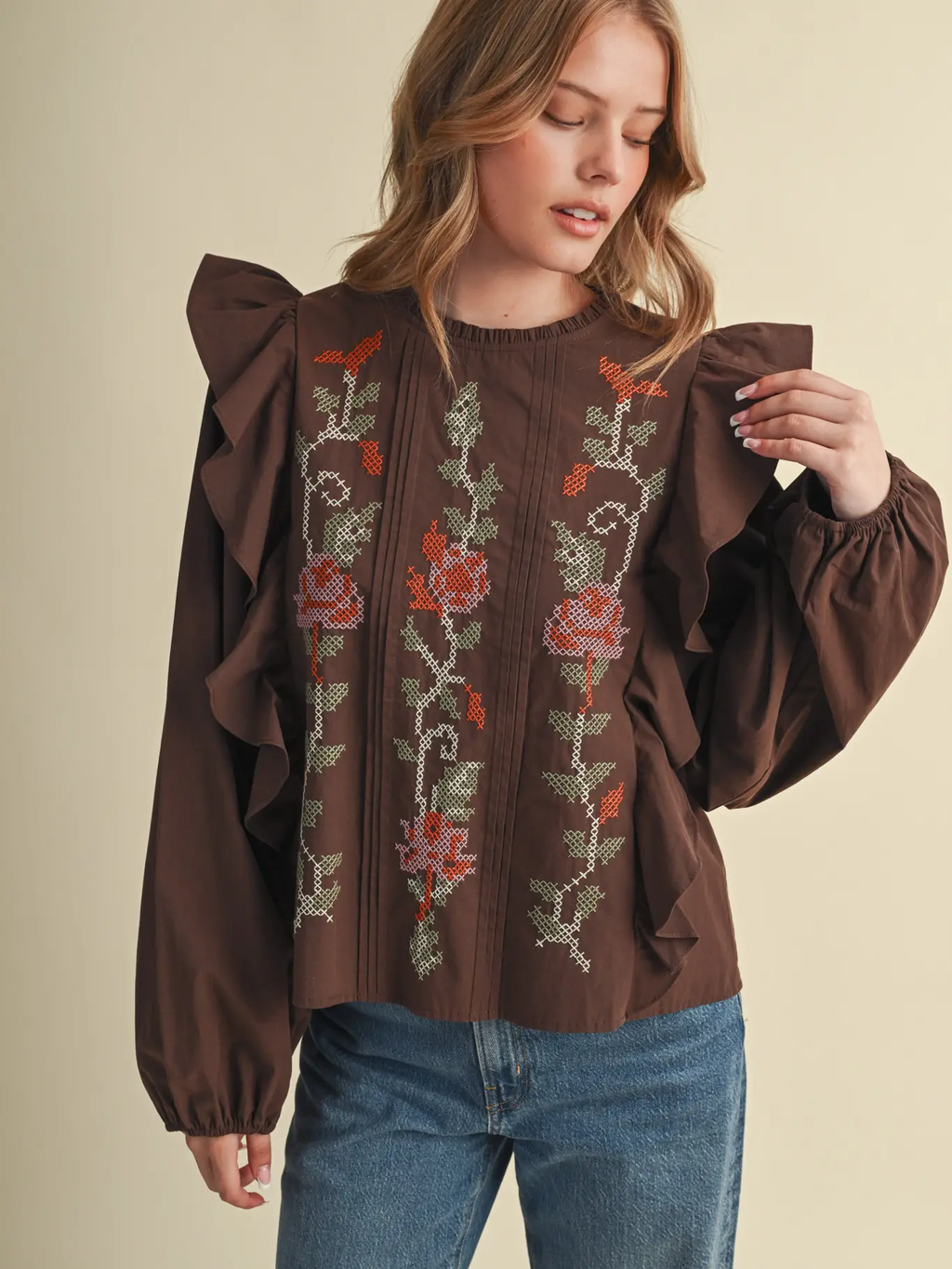 Floral Cross Stitch Ruffled Top