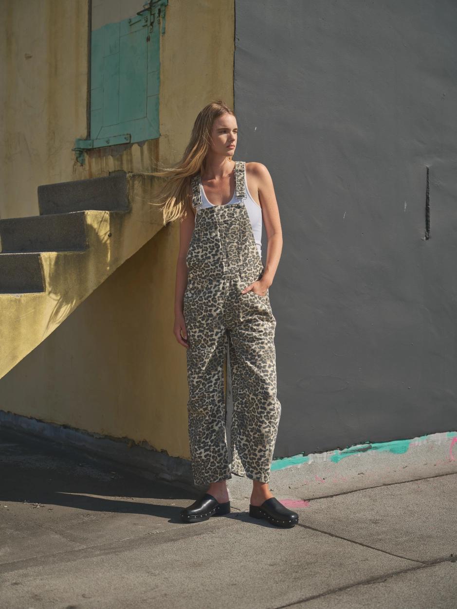 Leopard Print Slouchy Relax Fit Denim Overall