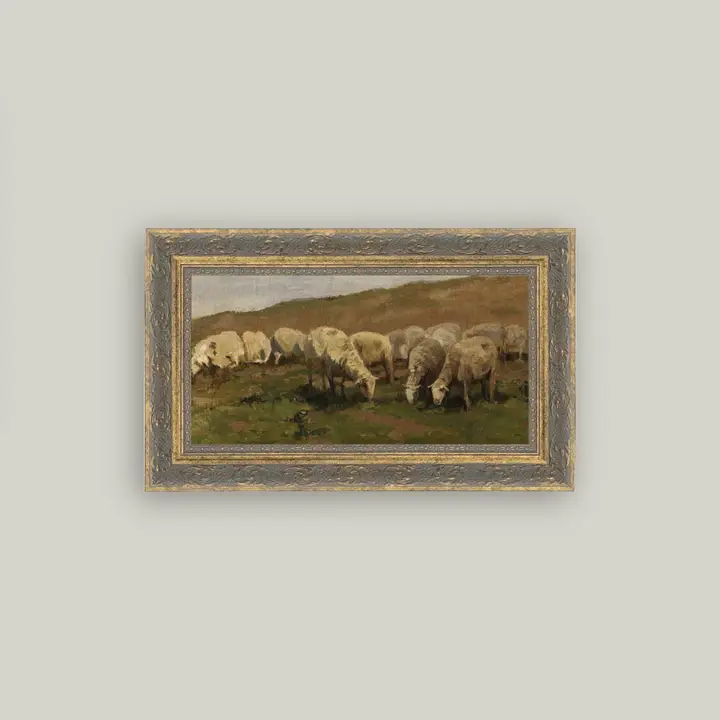 Sheep Landscape Framed Antique Art