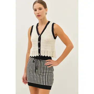 V-Neck Button-Down Crochet Sweater Top with Scallop Hem