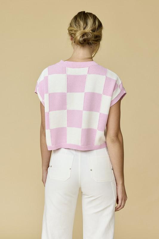 Hannah Loose Fit Checker Knit Top - Pink