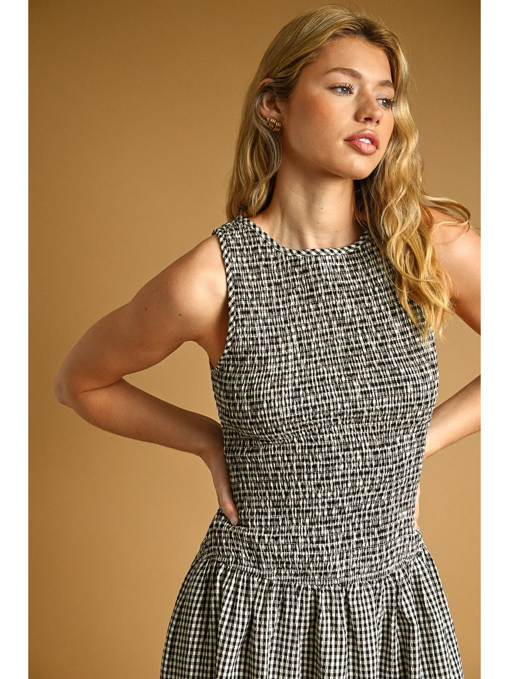 Mini Gingham Pattern Sleeveless Long Dress - BLACK