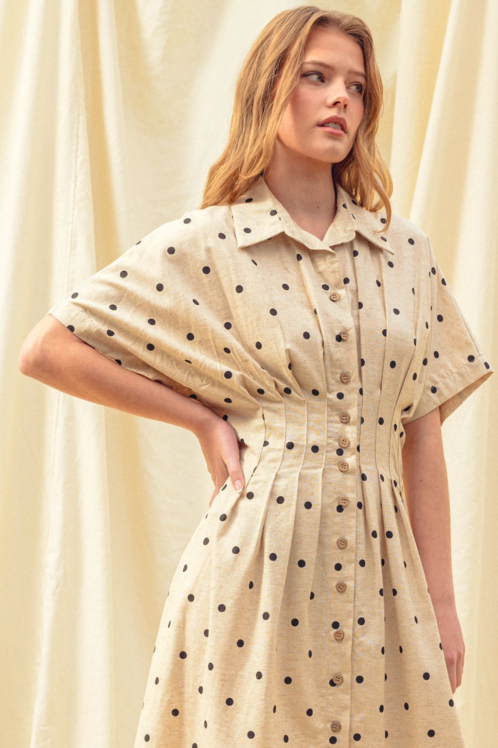 Polkadot Print Short Sleeve Button Front Dress