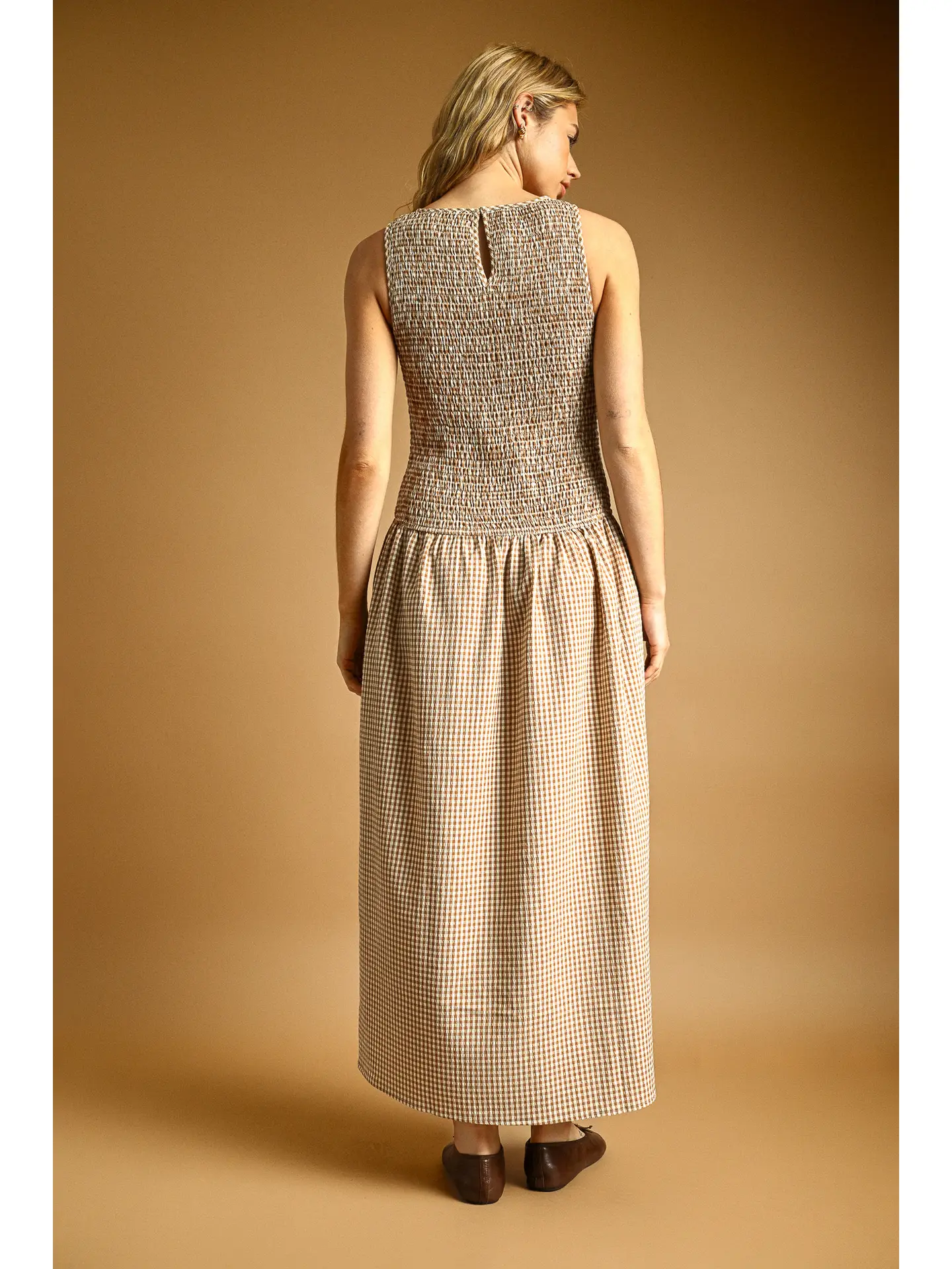 Mini Gingham Pattern Sleeveless Long Dress - MOCHA