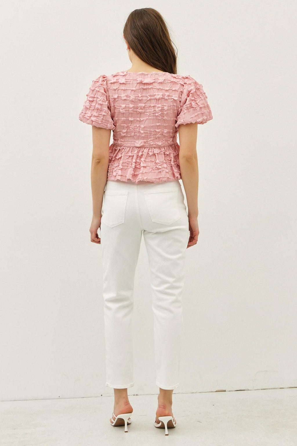 Ballerina Pink - Bubble Babydoll Blouse with Textured Fabric and Contrast Bow