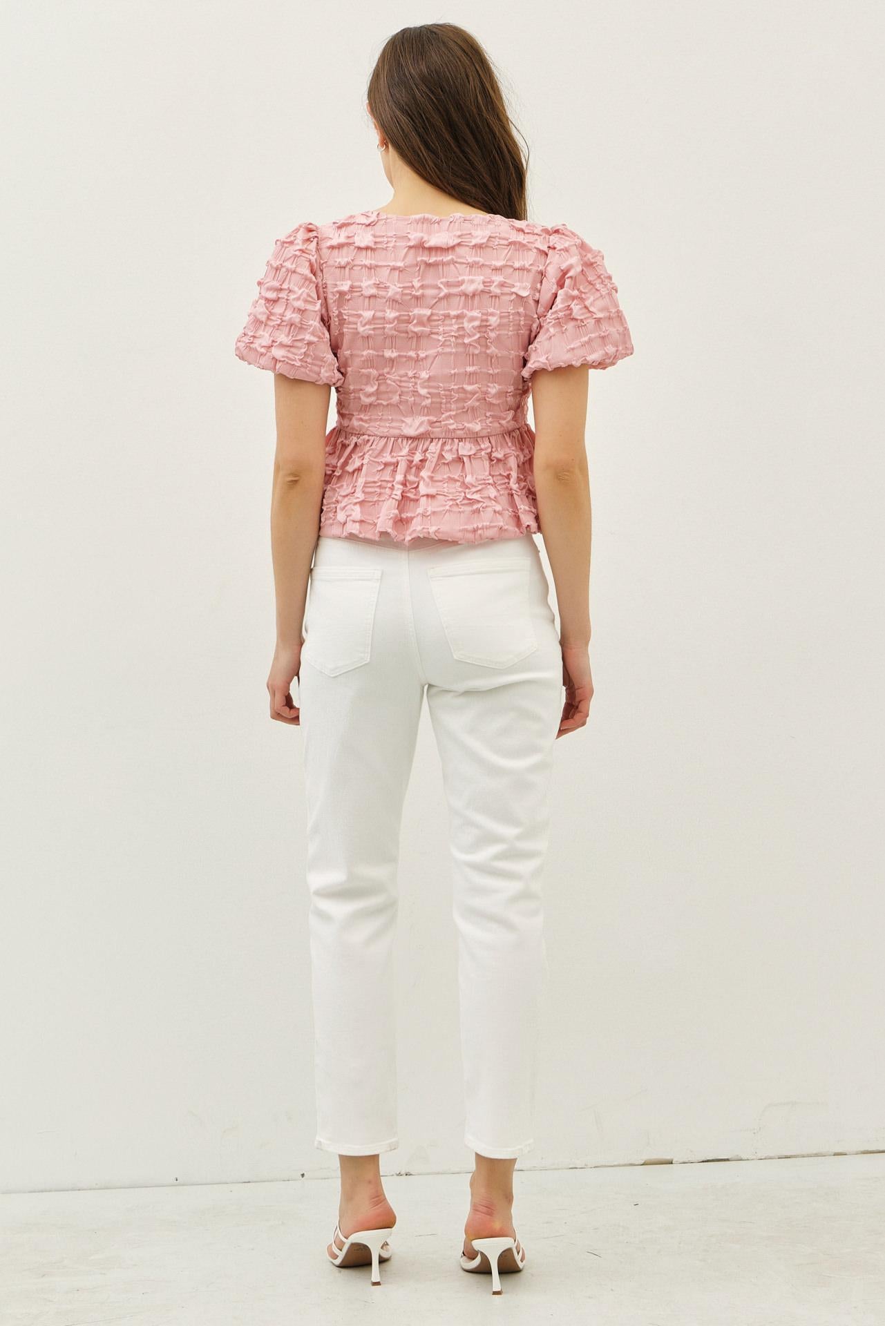 Ballerina Pink - Bubble Babydoll Blouse with Textured Fabric and Contrast Bow