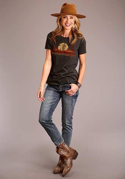 WOMENS S/S KNIT STETSON LADIES SHORT SLEEVE T-SHIRT STETSON RIDING IN THE SUNSET SCREEN 11-039-0562-0799 GYAN