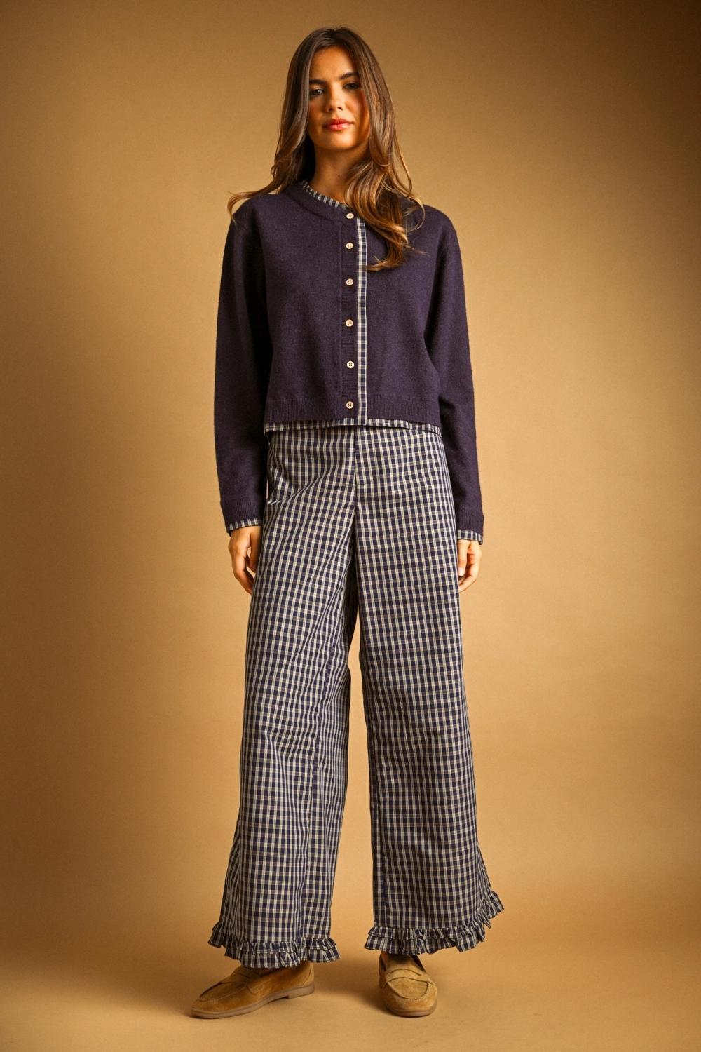 Ruffle Detail with Plaid Fabric Pants - Navy