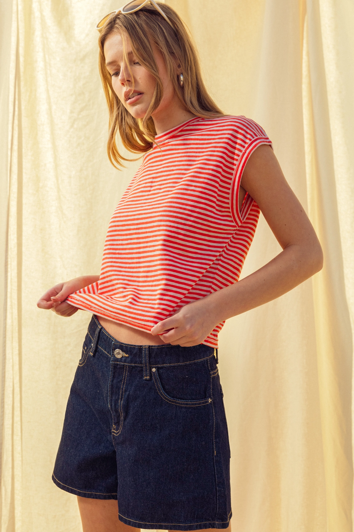 Stripe Pattern Slub Top - Cherry White