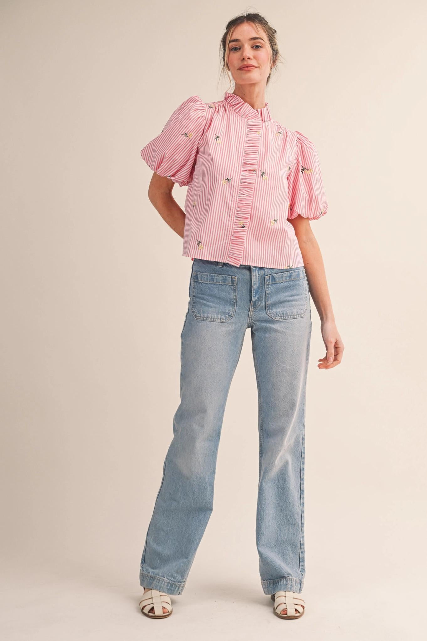 Floral Embroidery Striped Ruffled Button Down Top - Pink Berry Stripe