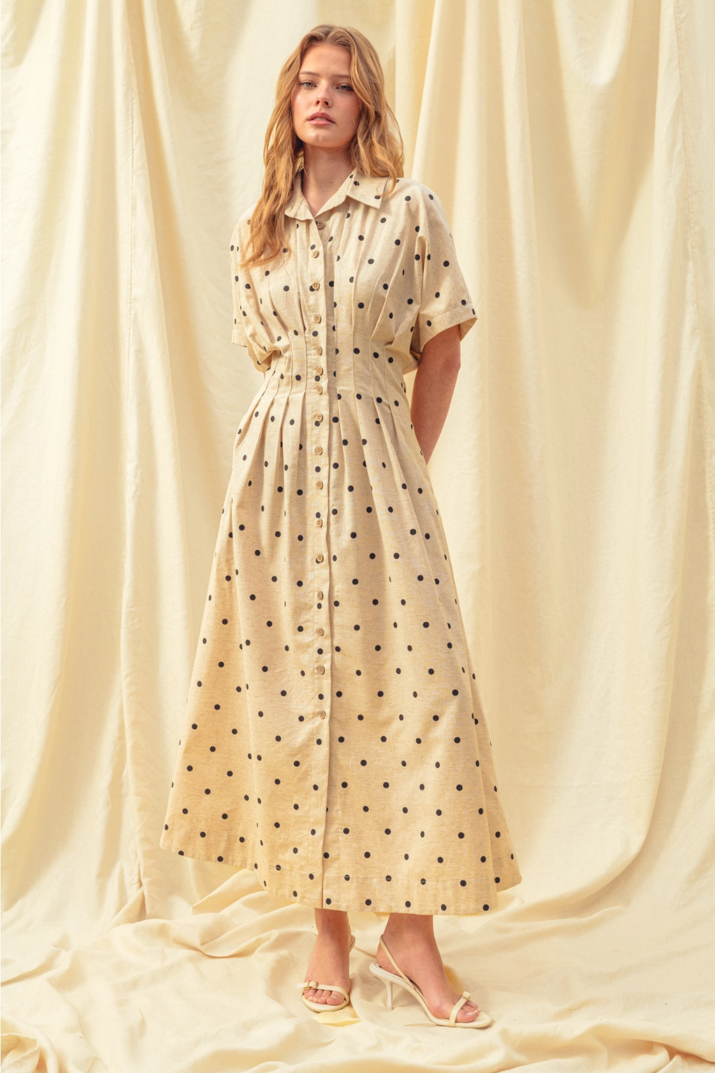 Polkadot Print Short Sleeve Button Front Dress