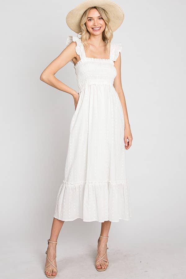 COTTON JACQUARD SMOCKED DRESS - WHITE