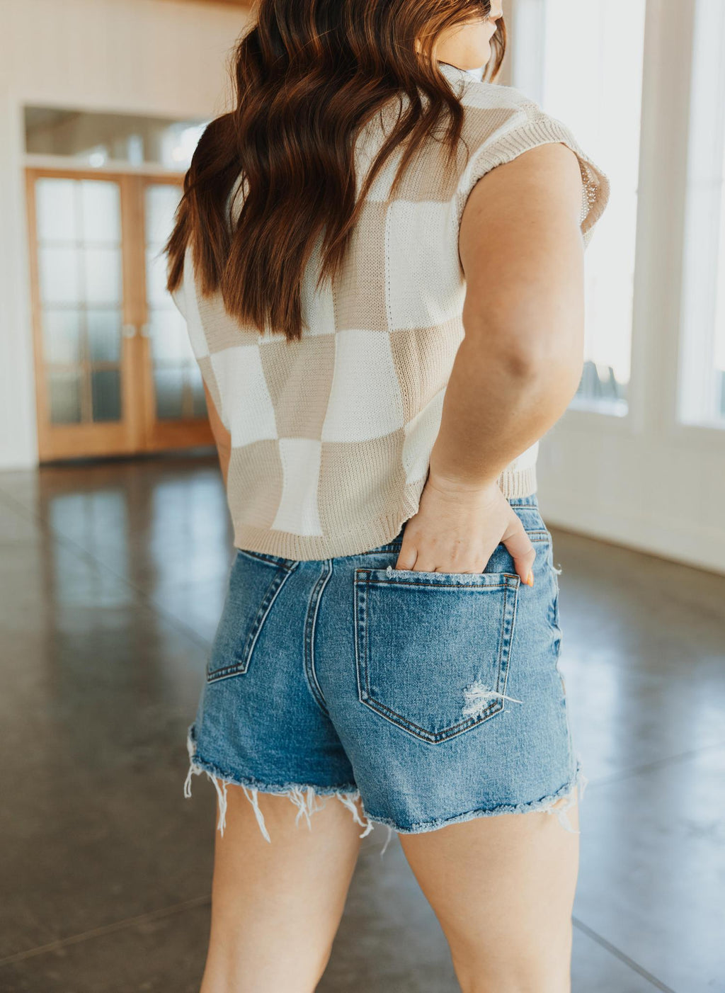 Hannah Loose Fit Checker Knit Top - Taupe