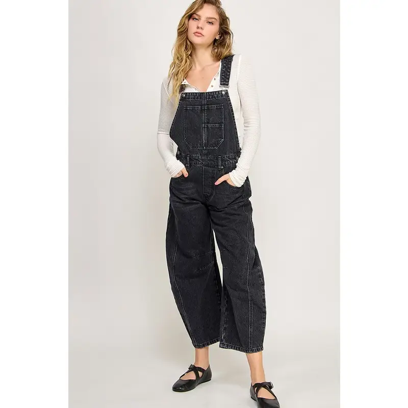 Black Denim Barrel Overall Jumpsuits