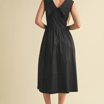 Doll Collar Lace Trim Midi Dress - BLACK