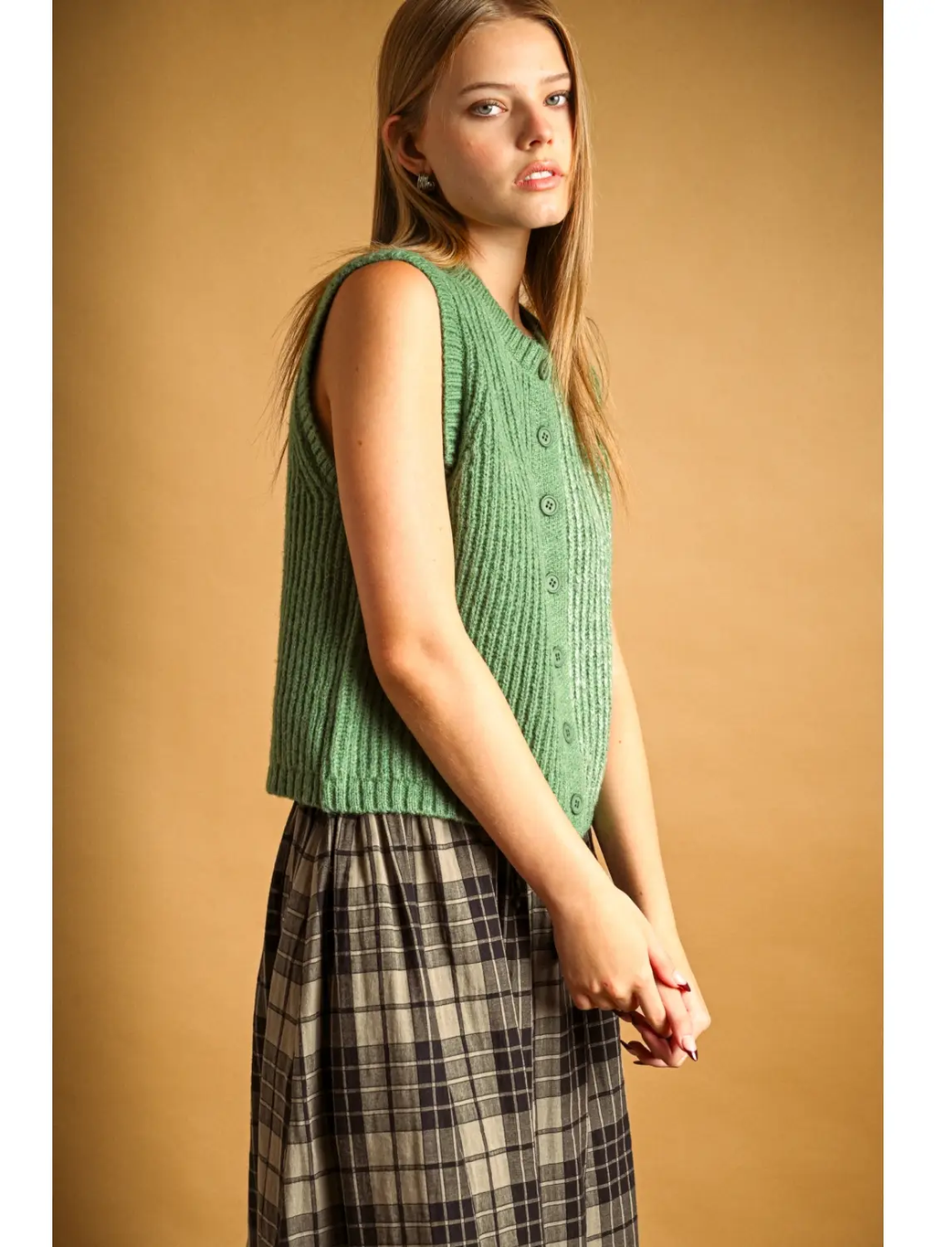 Color Contrasted Button Front Vest - GREEN