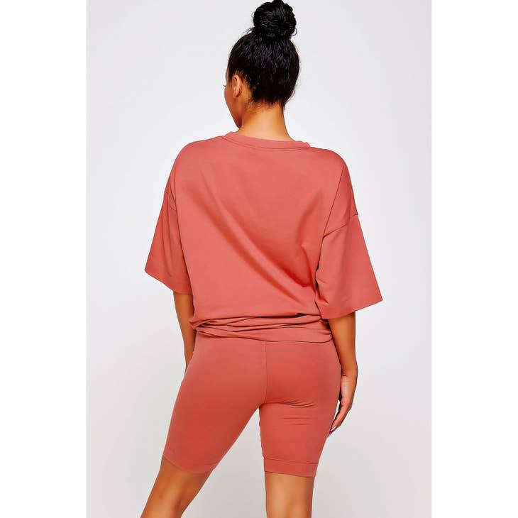 Knit Oversize Tee Shirt An Shorts Casual Biker Set - Rust