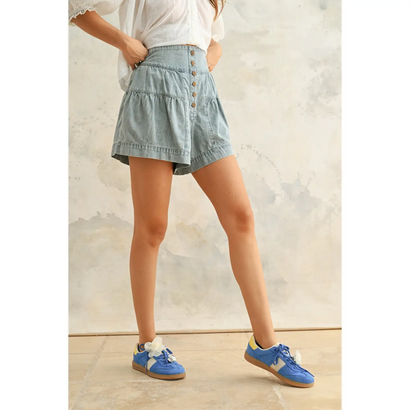 Tiered Button Down Denim Shorts